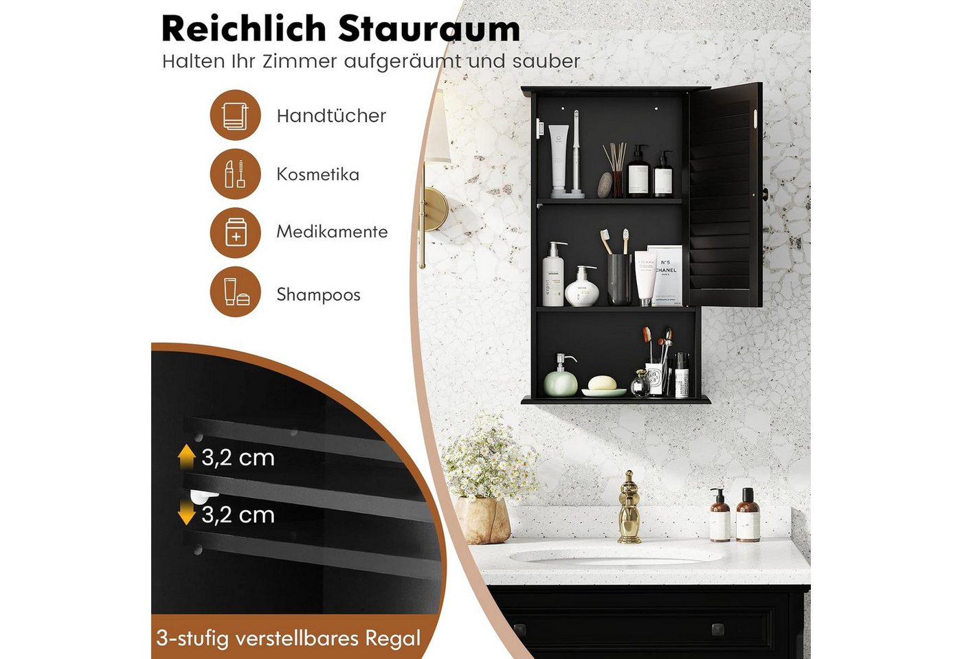 KOMFOTTEU Hängeschrank Badezimmerschrank mit verstellbarem Fächer & Ablage, 42 x 17 x 70 cm Bild 5