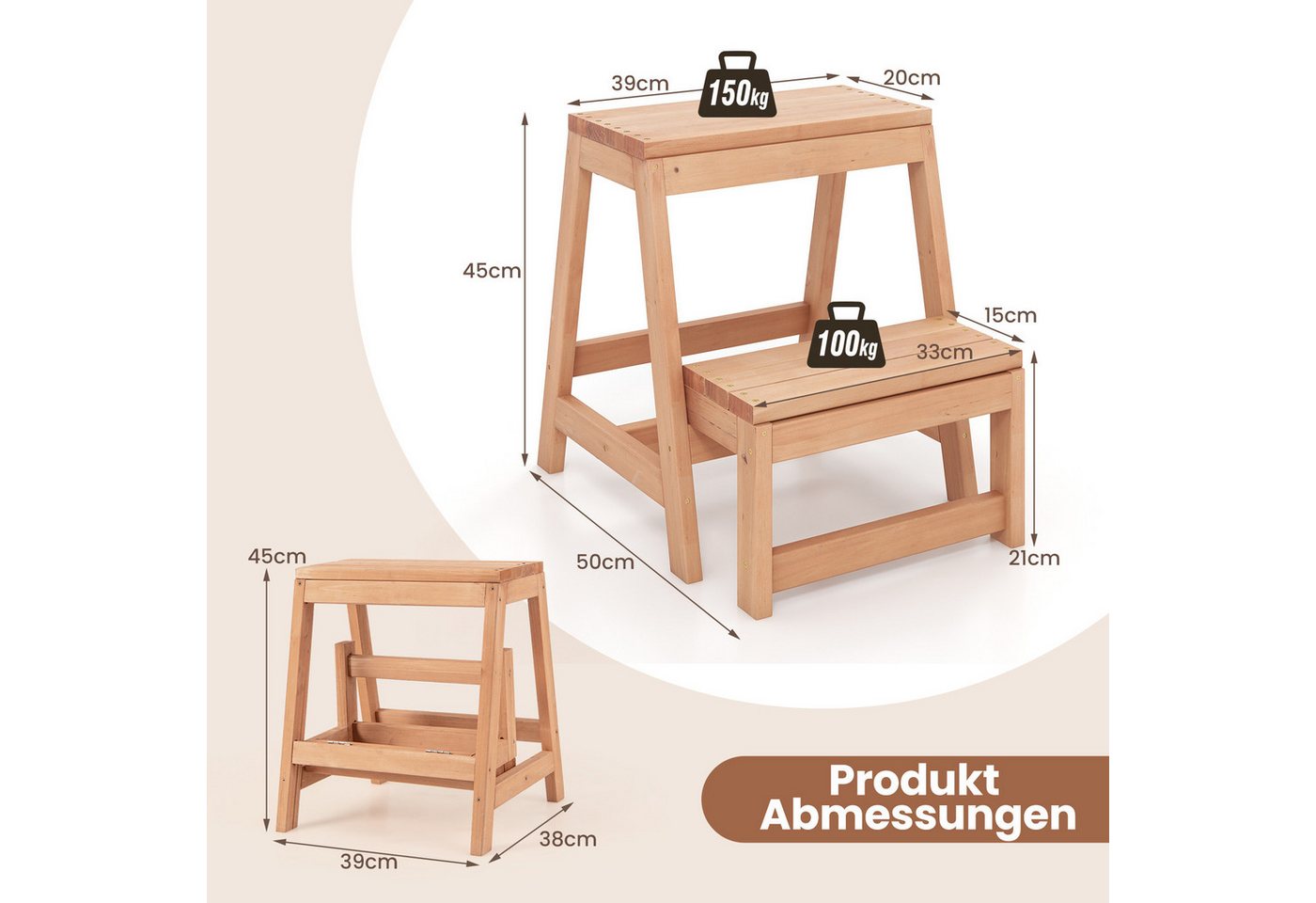 COSTWAY Trittleiter, 2-Stufen Tritthocker klappbar, Fichtenholz, 50x39x45cm Bild 2