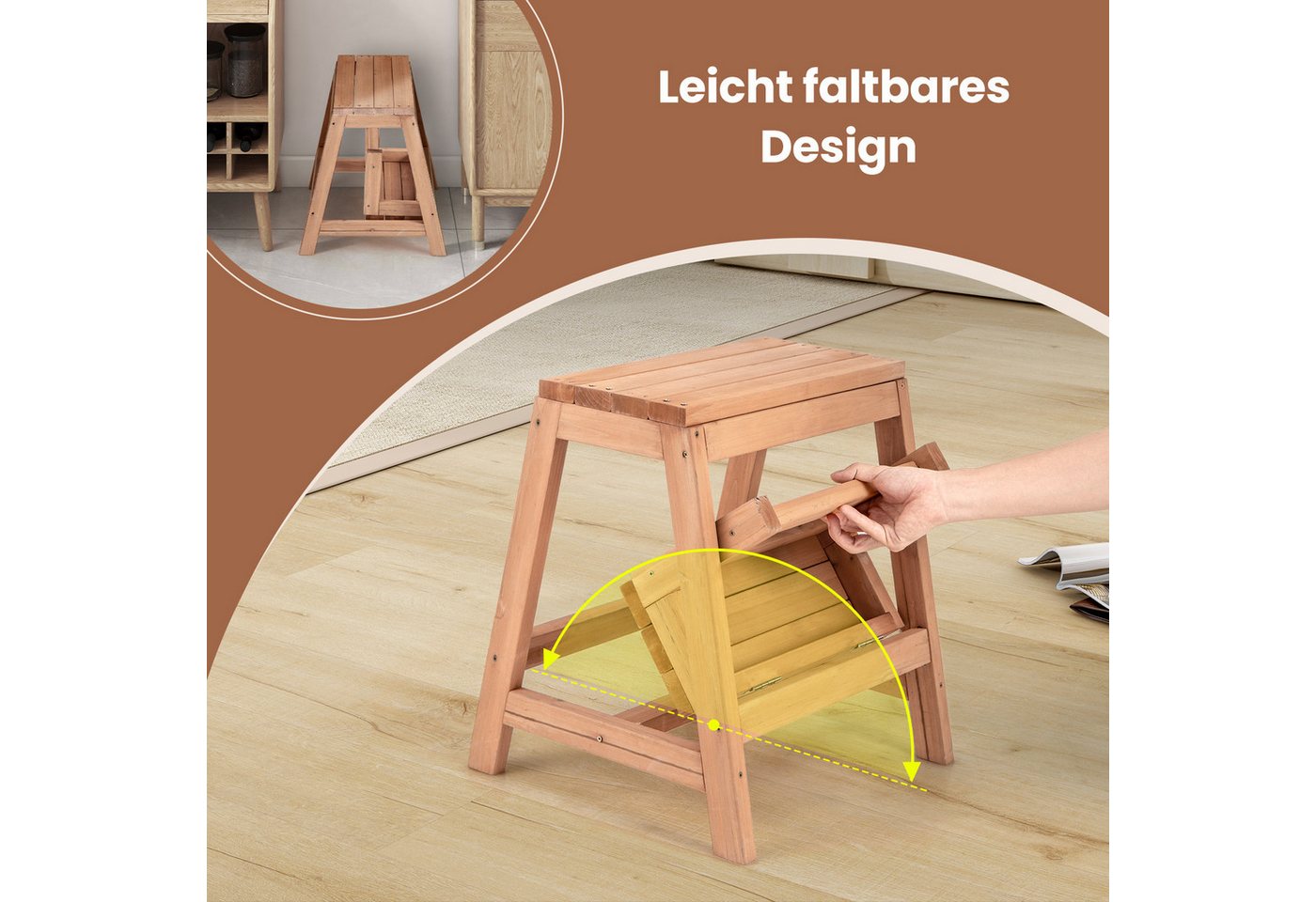 COSTWAY Trittleiter, 2-Stufen Tritthocker klappbar, Fichtenholz, 50x39x45cm Bild 4