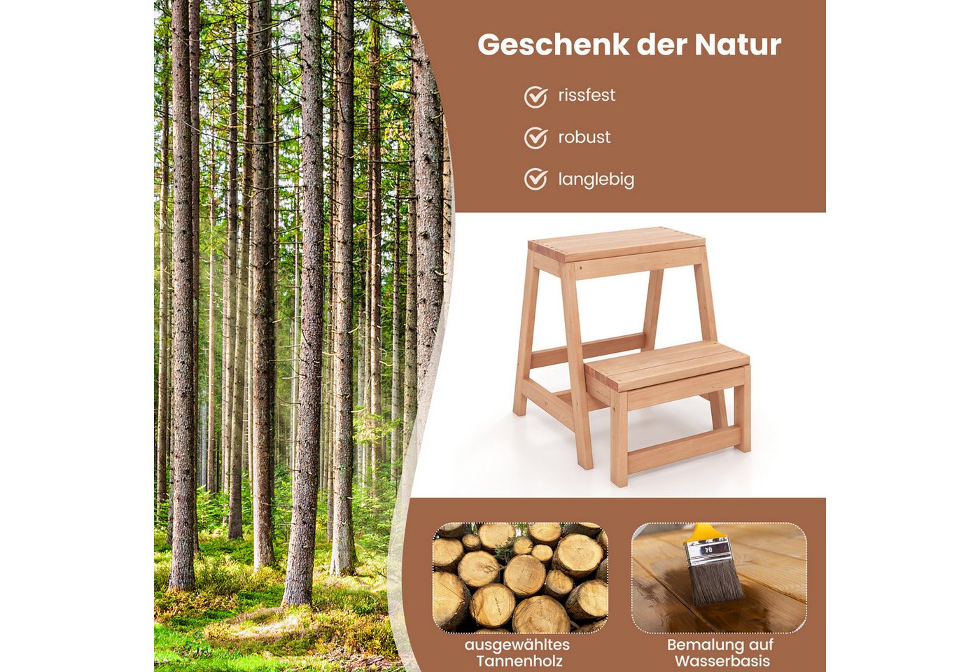 COSTWAY Trittleiter, 2-Stufen Tritthocker klappbar, Fichtenholz, 50x39x45cm Bild 5