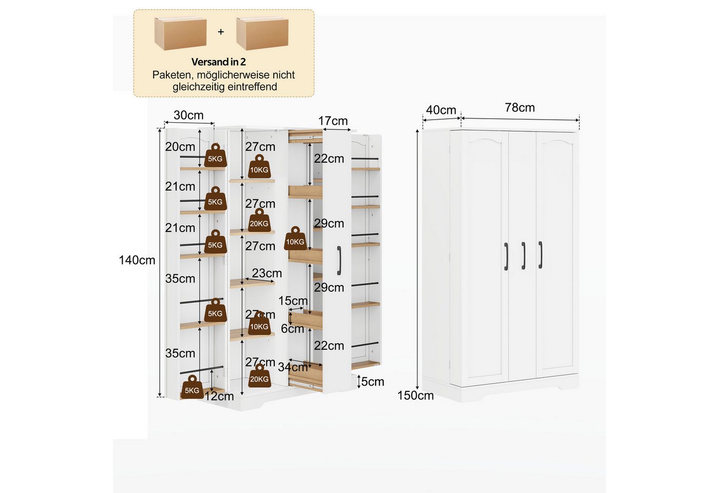 Celya Küchenbuffet Küchenschrank Doppeltürschrank mit Gewürzregal (78×40×150 cm, mit 4-stufigem Vertikalauszug, verstellbaren Regalböden) Modernem Design, Einfache und sichere Montage
