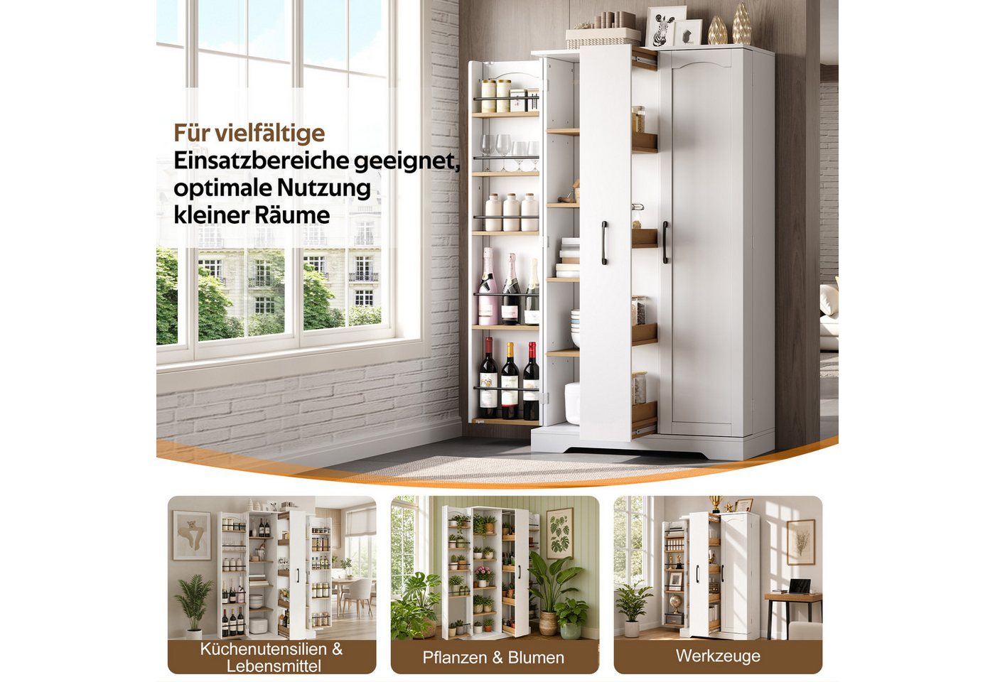 Celya Küchenbuffet Küchenschrank Doppeltürschrank mit Gewürzregal (78×40×150 cm, mit 4-stufigem Vertikalauszug, verstellbaren Regalböden) Modernem Design, Einfache und sichere Montage Bild 4