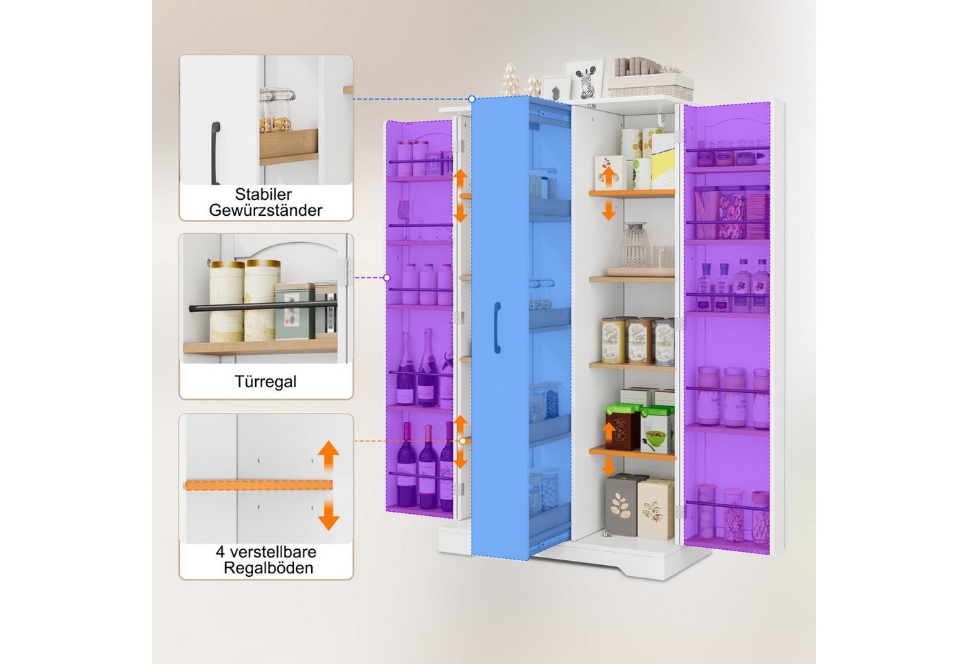 Celya Küchenbuffet Küchenschrank Doppeltürschrank mit Gewürzregal (78×40×150 cm, mit 4-stufigem Vertikalauszug, verstellbaren Regalböden) Modernem Design, Einfache und sichere Montage Bild 5