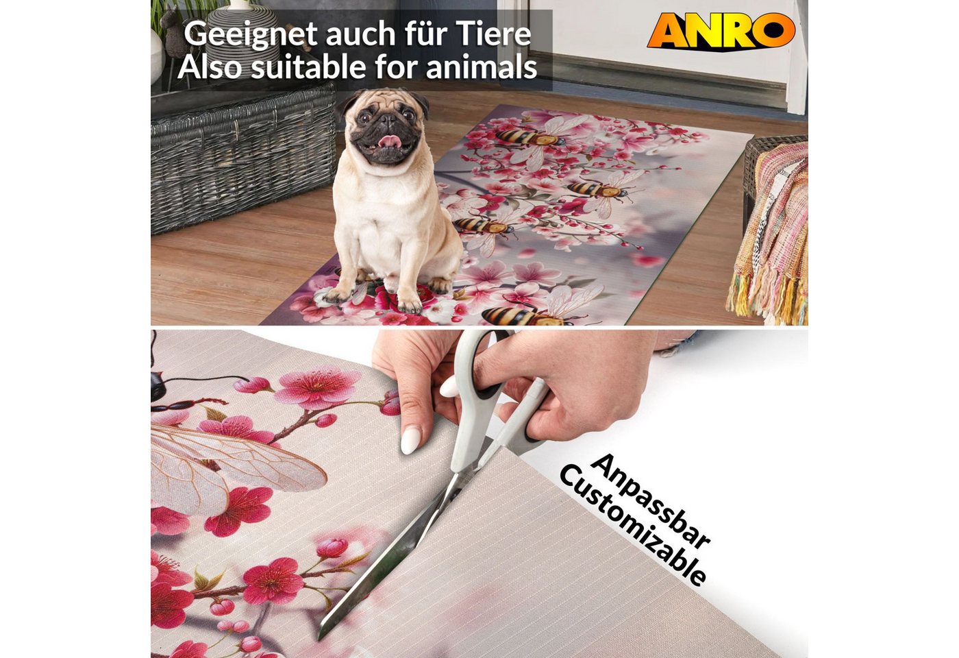 ANRO Küchenläufer GreenLine Teppichläufer Textil, Rechteckig, Höhe: 3 mm, Bodenläufer 100cm Sakura Rosa pflegeleicht Bild 2