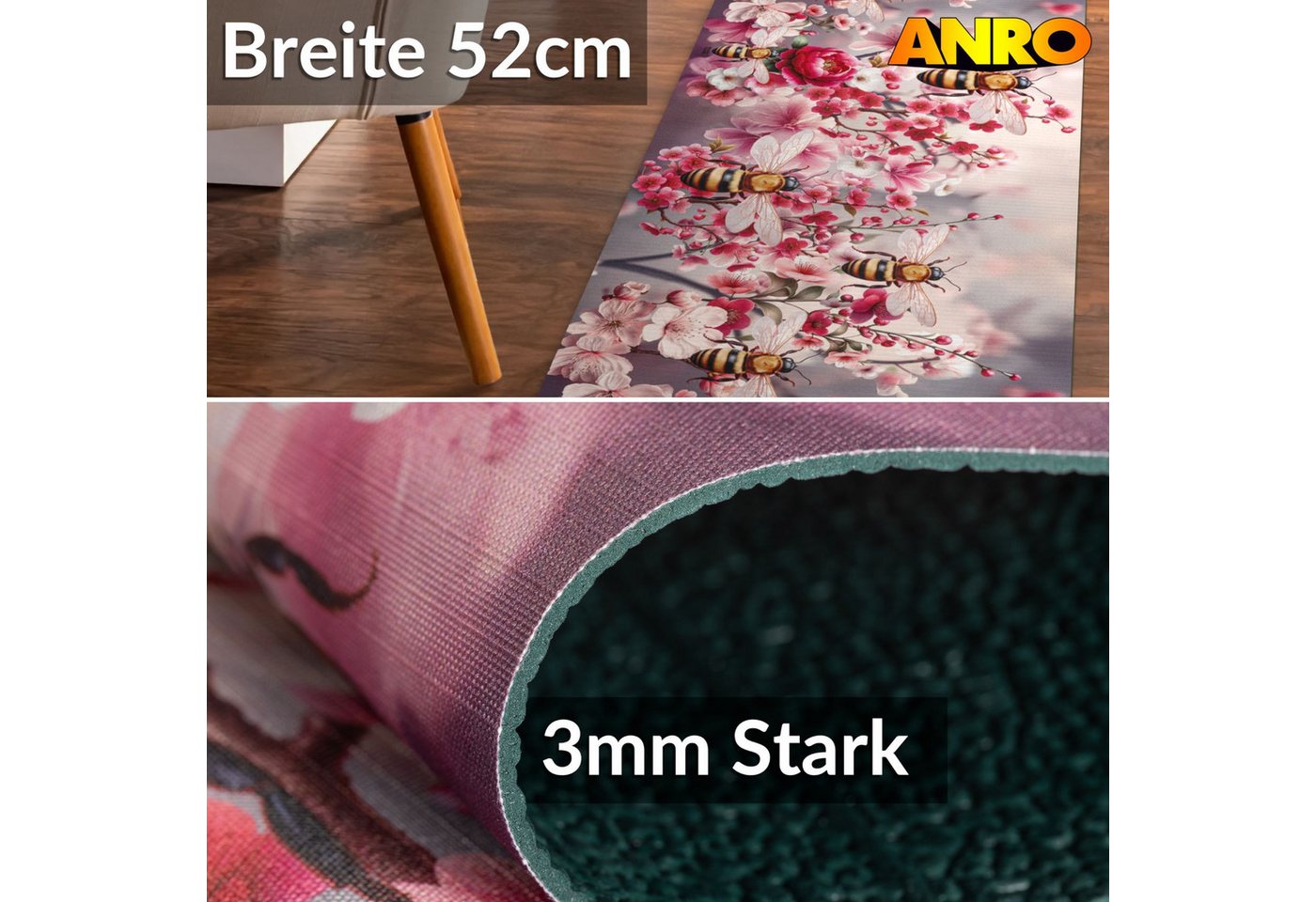 ANRO Küchenläufer GreenLine Teppichläufer Textil, Rechteckig, Höhe: 3 mm, Bodenl äufer 100cm Sakura Rosa pflegeleicht Bild 3