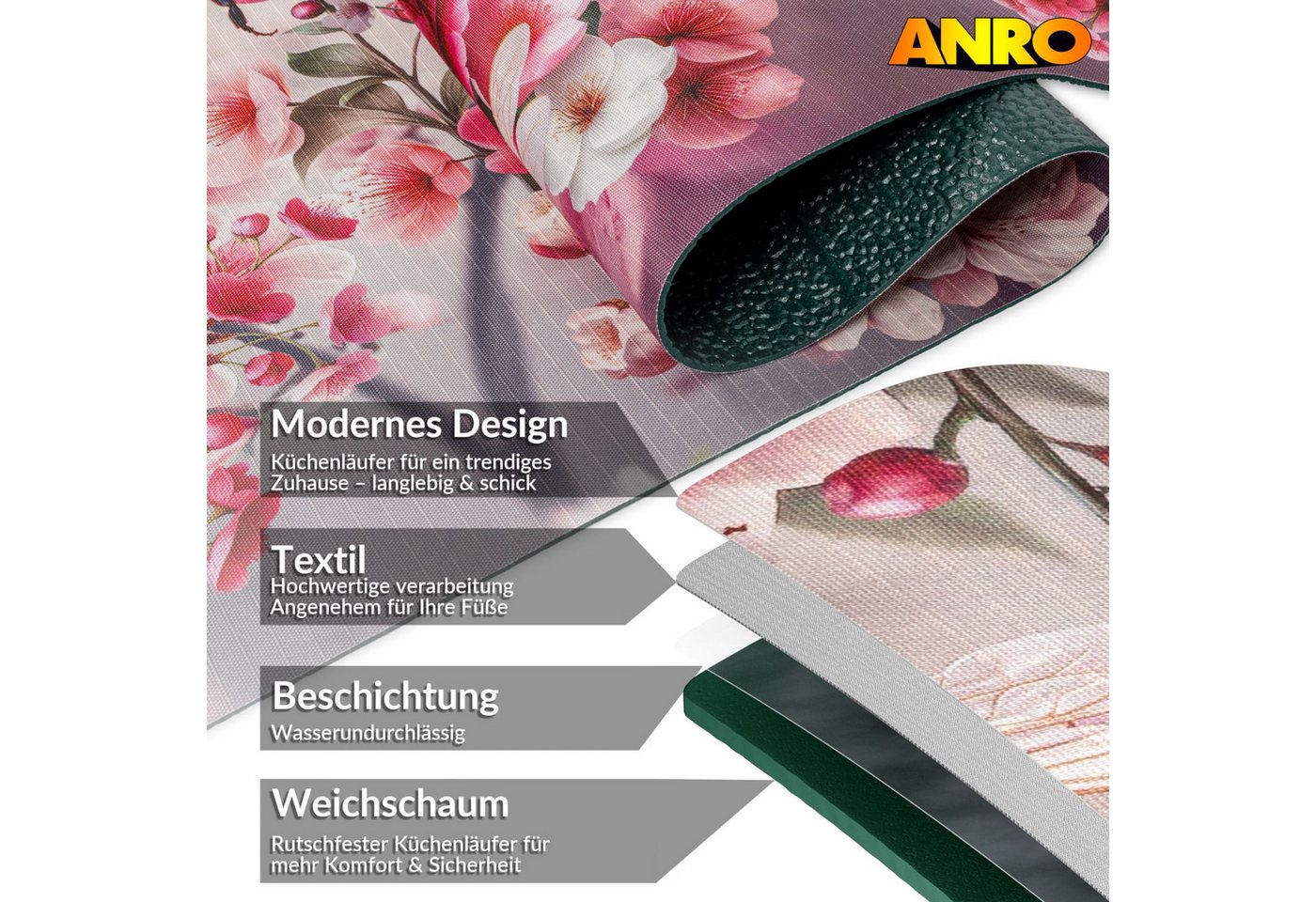 ANRO Küchenläufer GreenLine Teppichläufer Textil, Rechteckig, Höhe: 3 mm, Bodenläufer 100cm Sakura Rosa pflegeleicht Bild 5