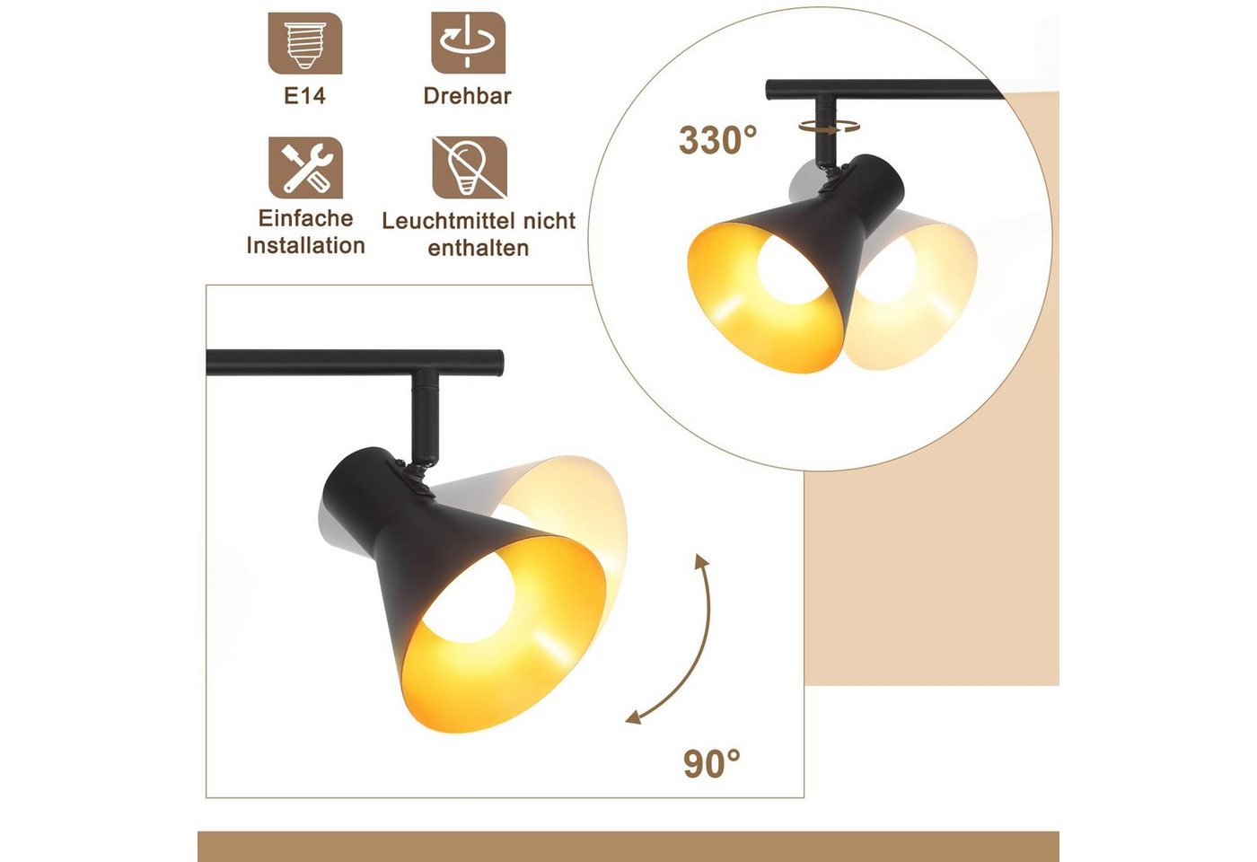 ZMH Deckenstrahler Deckenlampe Küche Schwarz - Vintage E14 Vintage Schwenkbar 330°, ohne Leuchtmittel, Deckenspot für Wohnzimmer Schlafzimmer