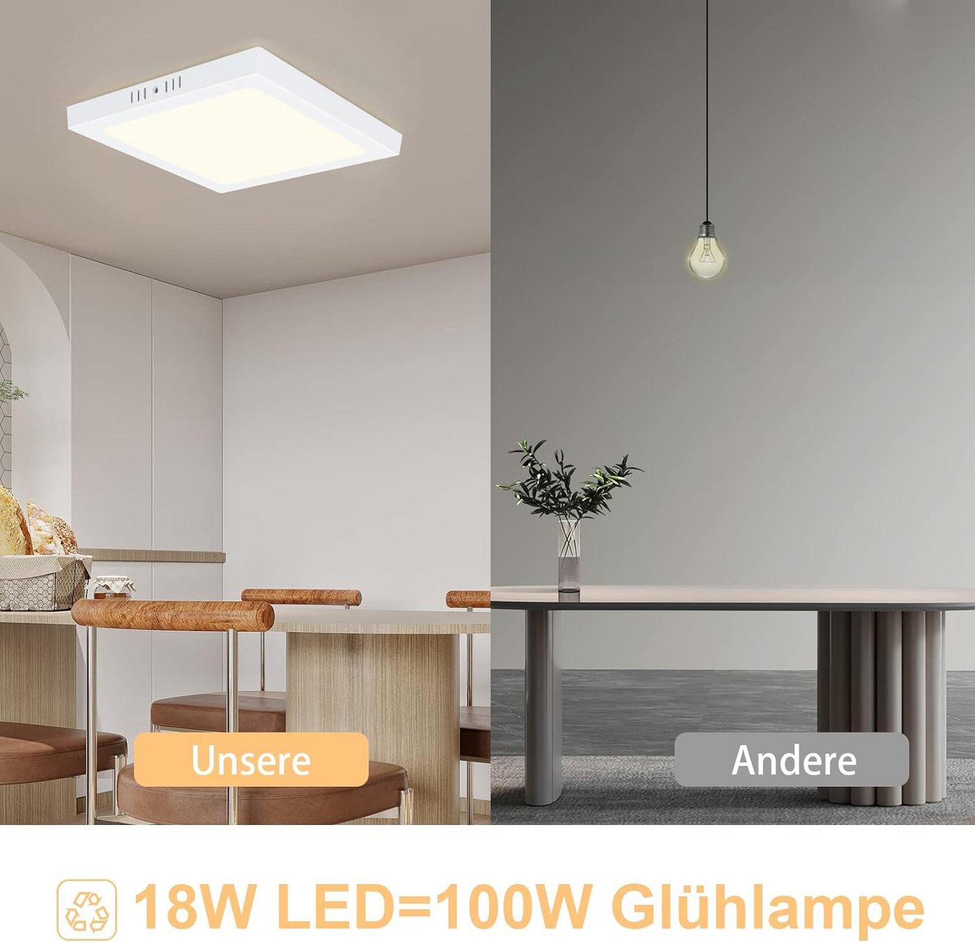 ZMH LED Deckenleuchte 18W LED quadratisch 4000K für Wohnzimmer, Flur und Büro, ‎Flimmerfrei, Energiesparend, Augenschutz, LED fest integriert, Neutralweißes, neutralweiß,Einfache Montage,23×23×3,2cm