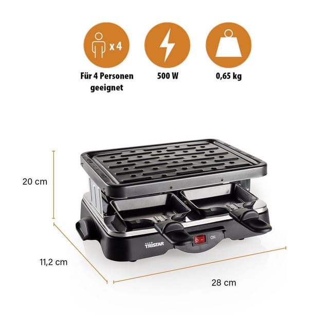 RACLETTE Partygrill für 4 Personen, kleiner Tischgrill eckig, 500 Watt