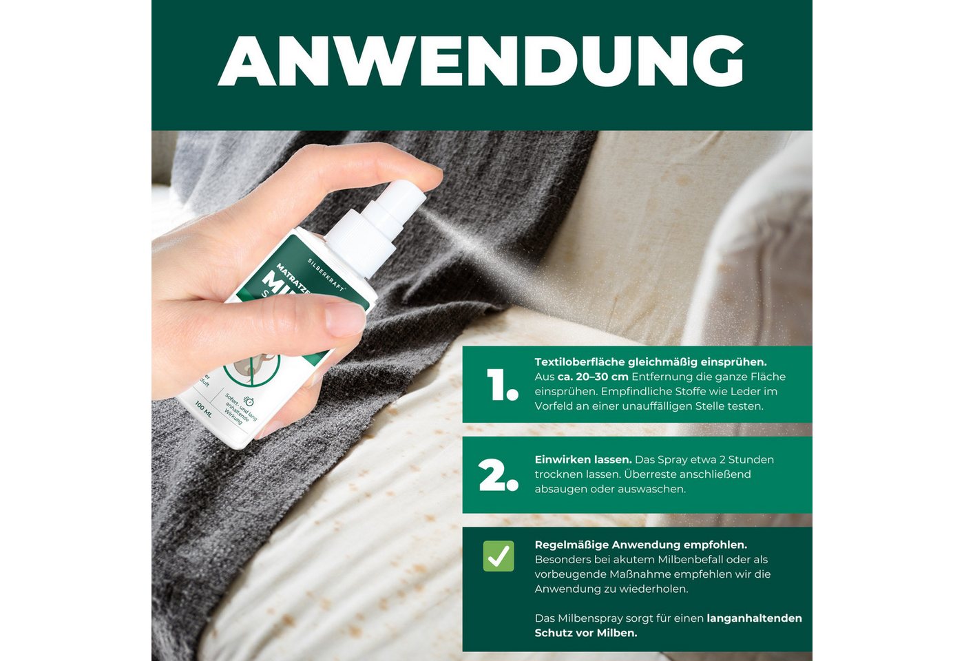 Silberkraft Insektenspray Silberkraft Milbenspray für Matratzen & Textilien, 100 ml, 1-St., Milbenbekämpfung, für Bettwäsche, Matratzen, Kissen, Bett, Bettbezug Bild 4