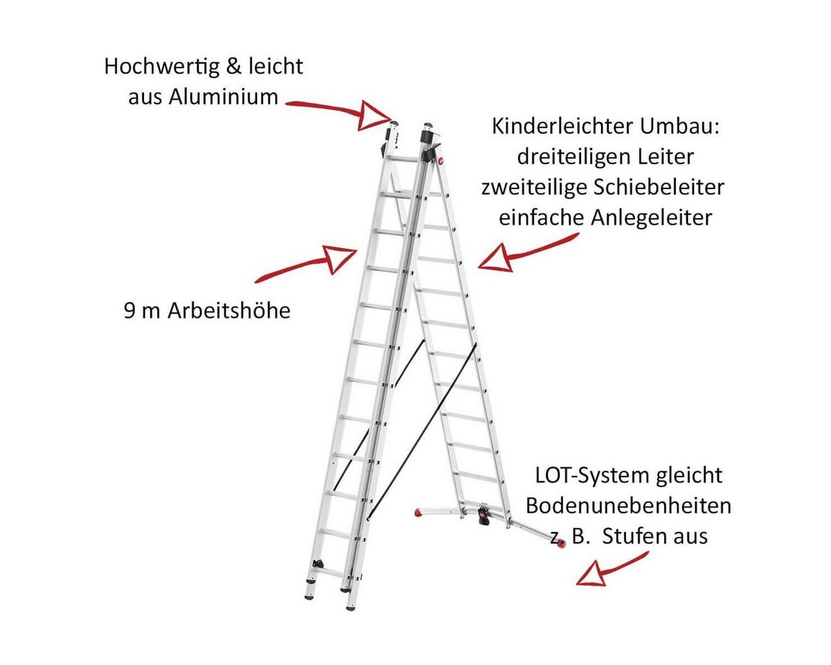 Hailo Trittleiter ProfiLOT Aluminium-Teleskopleiter mit gratis Einhängetritt, Kombi-Leit (Set, gratis Einhängetritt), mit bis zu 150 kg belastbar, Rasthaken mit Transportsicherung Bild 3
