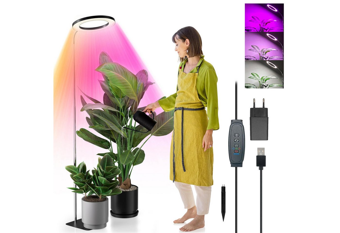 LMaxhome Pflanzenlampe LED Vollspektrum Wachstumslicht 25-155CM Höhenverstellbar mit 72 LEDs, mit EU-Adapter, LED wechselbar, 3 Licht-Modi, 10 Helligkeit Dimmbar, 3/9/12H Timer, 1000lm, Verstellbare Höhe, mit Sockel und Erdspieß, Pflanzenlicht für Große Pflanzen, Garten, Gewächshäuser