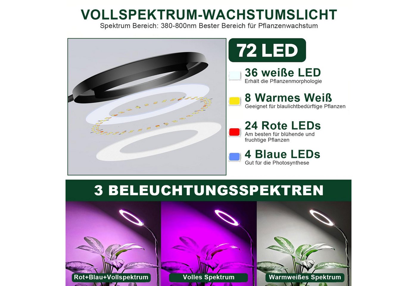 LMaxhome Pflanzenlampe LED Vollspektrum Wachstumslicht 25-155CM Höhenverstellbar mit 72 LEDs, mit EU-Adapter, LED wechselbar, 3 Licht-Modi, 10 Helligkeit Dimmbar, 3/9/12H Timer, 1000lm, Verstellbare Höhe, mit Sockel und Erdspieß, Pflanzenlicht für Große Pflanzen, Garten, Gewächshäuser Bild 2