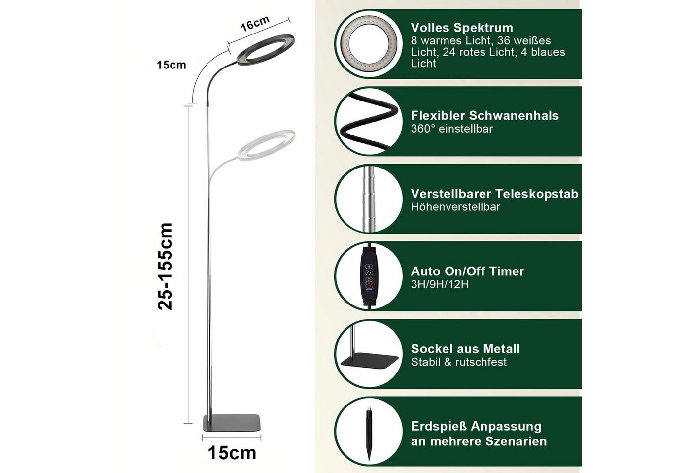LMaxhome Pflanzenlampe LED Vollspektrum Wachstumslicht 25-155CM Höhenverstellbar mit 72 LEDs, mit EU-Adapter, LED wechselbar, 3 Licht-Modi, 10 Helligkeit Dimmbar, 3/9/12H Timer, 1000lm, Verstellbare Höhe, mit Sockel und Erdspieß, Pflanzenlicht für Große Pflanzen, Garten, Gewächshäuser Bild 3