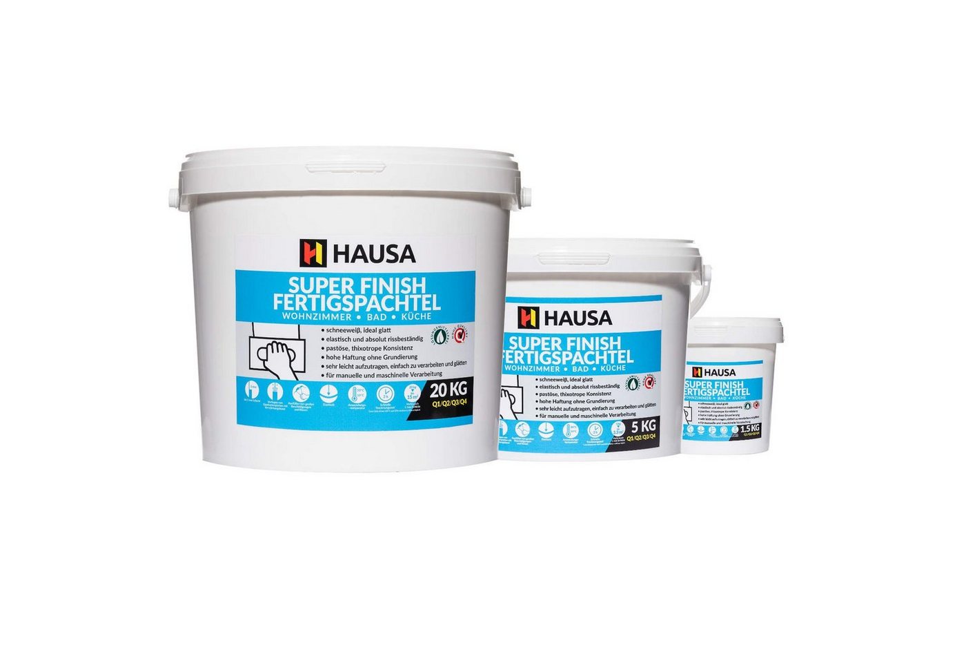 Hausa Fertigspachtel HSFF, gipsgebunden, Eimer, (Super Finish, 20-tlg., Füll Bad Glätt), Innenräume, schnelle Austrocknung, elastisch, rissbeständig, Q1-Q4
