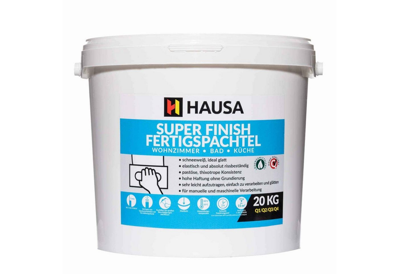 Hausa Fertigspachtel HSFF, gipsgebunden, Eimer, (Super Finish, 20-tlg., Füll Bad Glätt), Innenräume, schnelle Austrocknung, elastisch, rissbeständig, Q1-Q4 Bild 2