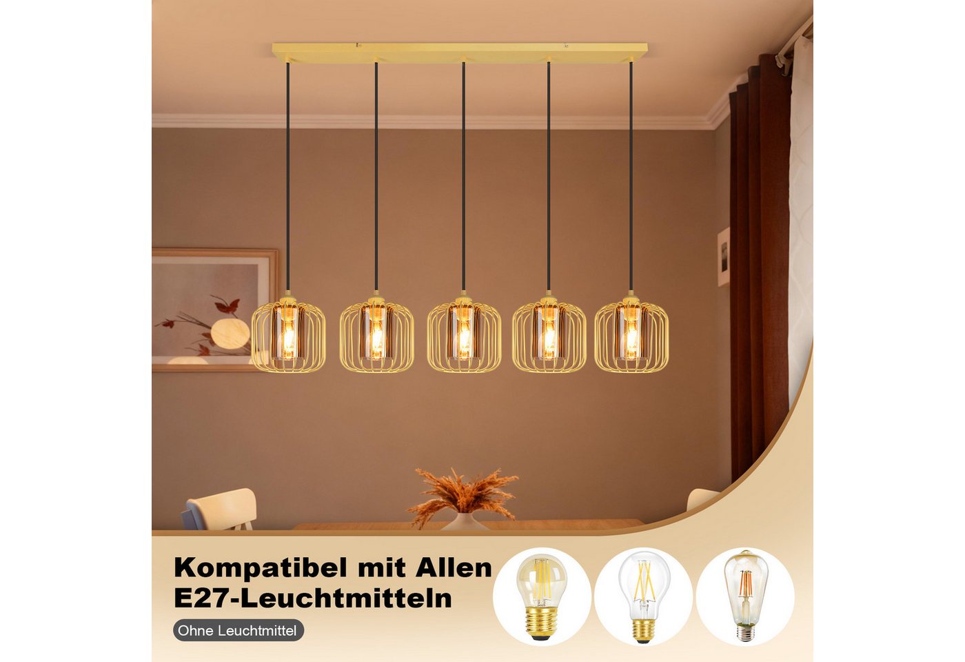 ZMH Pendelleuchte Esstisch Hängeleuchte Vintage - Hängelampe 5 Flammig Glas, ohne Leuchtmittel