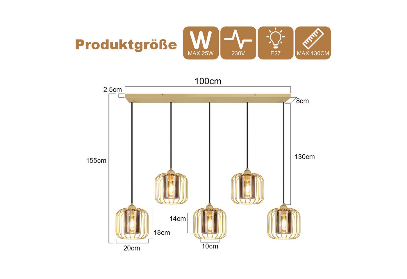 ZMH Pendelleuchte Esstisch Hängeleuchte Vintage - Hängelampe 5 Flammig Glas, ohne Leuchtmittel Bild 5