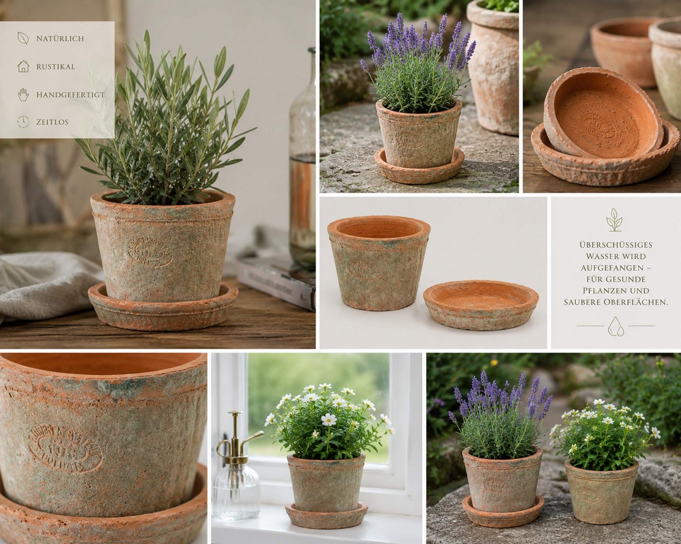Dekowunder Übertopf 2er Set Terracotta Blumentopf Untersetzer rund Ø 12 cm Landhausstil