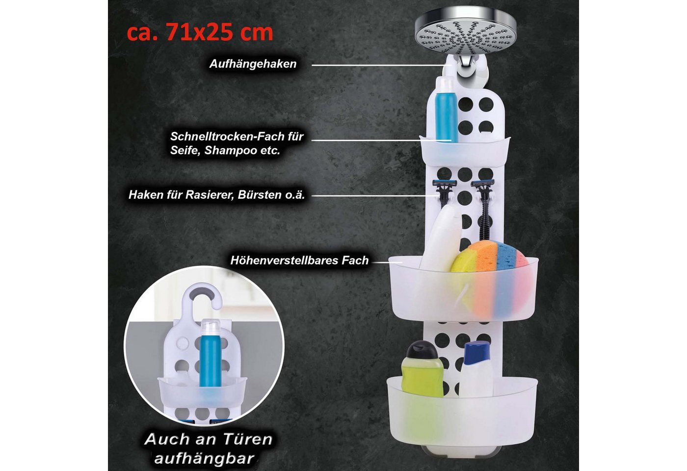 HAC24 Duschablage Duschkorb Duschaufhänger Kunststoff Badablage Seifenkorb, 2-tlg., Verstellbar zum Hängen für Duschstange Bild 2