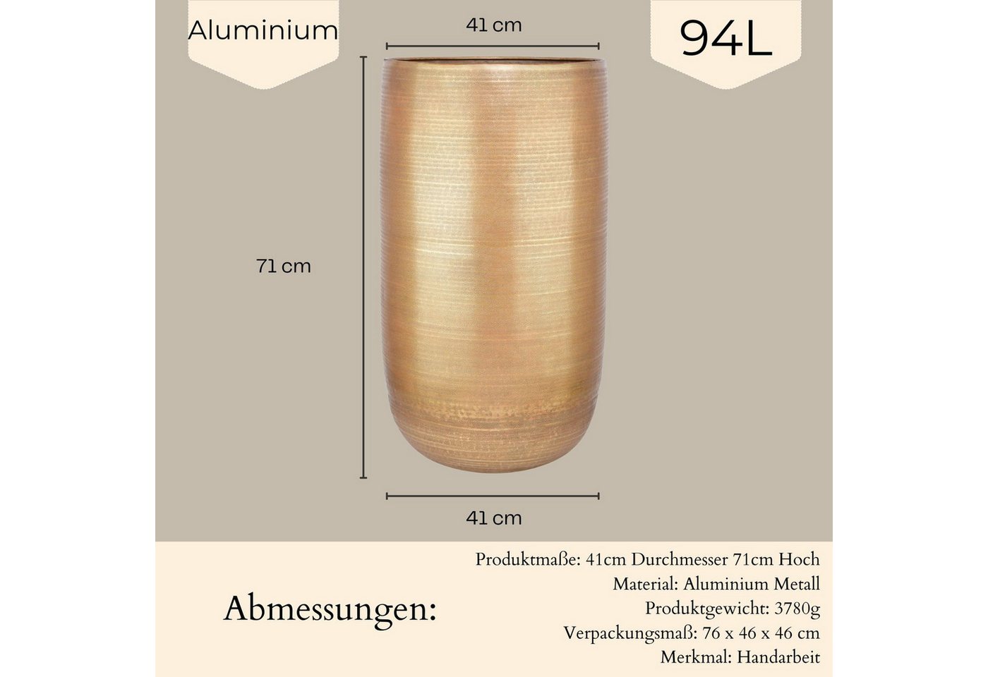Marrakesch Orient & Mediterran Interior Übertopf Moderner Blumentopf Camiel Gold handgefertigt aus Aluminium 71 cm (1 St), Handarbeit Bild 3