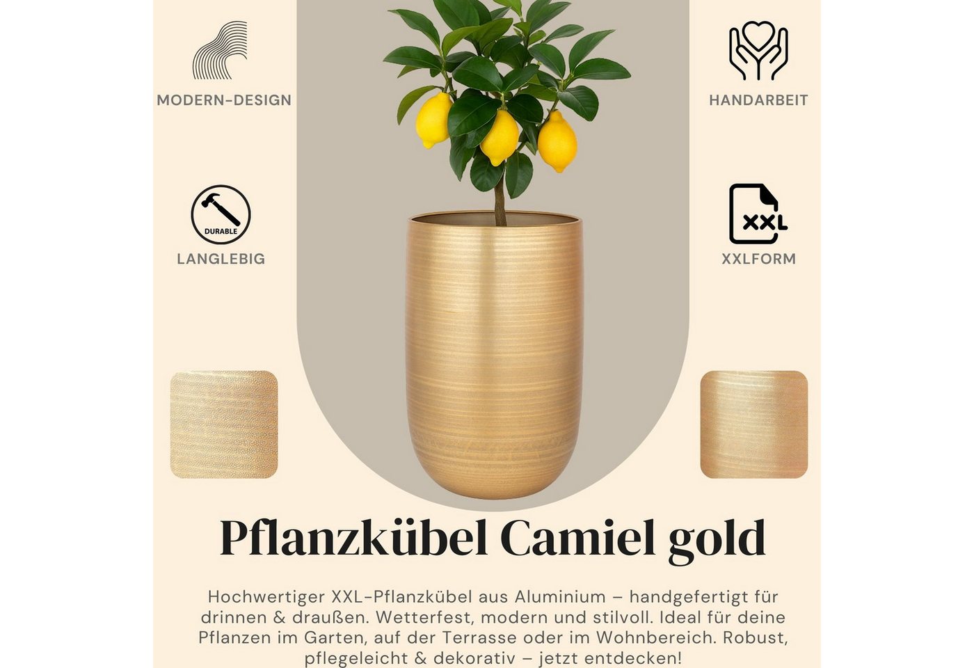Marrakesch Orient & Mediterran Interior Übertopf Moderner Blumentopf Camiel Gold handgefertigt aus Aluminium 54 cm (1 St), Handarbeit Bild 2