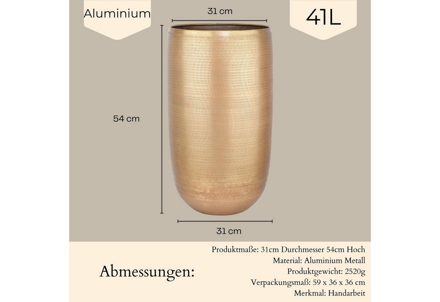 Marrakesch Orient & Mediterran Interior Übertopf Moderner Blumentopf Camiel Gold handgefertigt aus Aluminium 54 cm (1 St), Handarbeit Bild 4