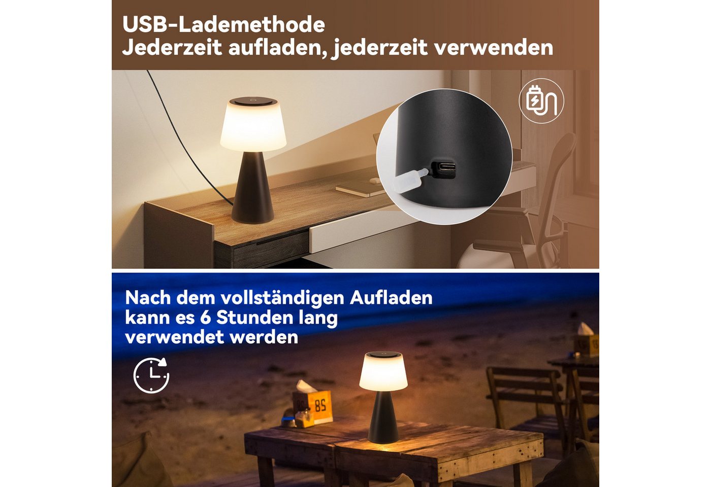 ZMH LED Tischleuchte Kabellos 3600mhA Dimmbar Tischlampe Modern Wohnzimmer Batterie, LED fest integriert, 3000-6500K, Touch Nachttischlampe mit USB Aufladbar Outdoor Bild 3