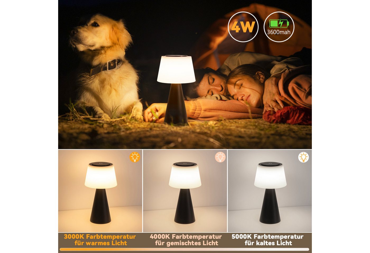 ZMH LED Tischleuchte Kabellos 3600mhA Dimmbar Tischlampe Modern Wohnzimmer Batterie, LED fest integriert, 3000-6500K, Touch Nachttischlampe mit USB Aufladbar Outdoor Bild 4
