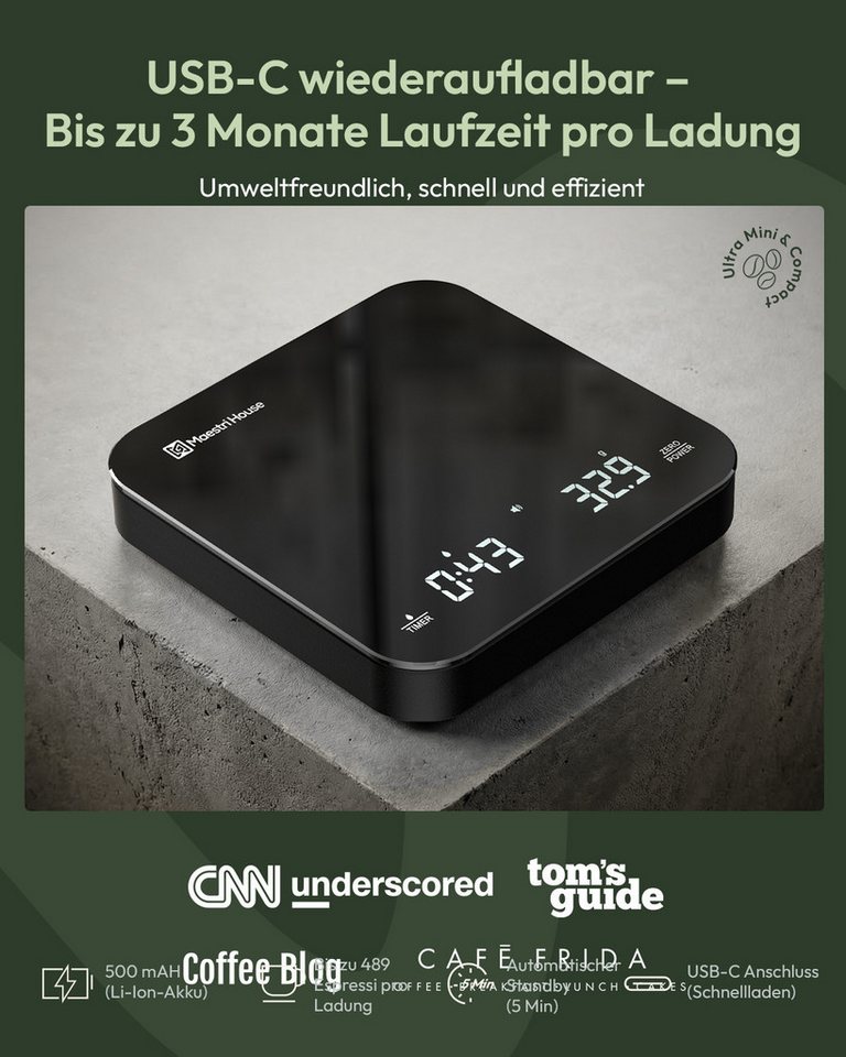 Maestri House Küchenwaage Kaffeewaage mit Timer, Espressowaage 0,1 g / 2 kg, (für Siebträger, Espresso und Pour Over, USB-C wiederaufladbar), Mini Baristawaage mit Auto-Timer & Tara