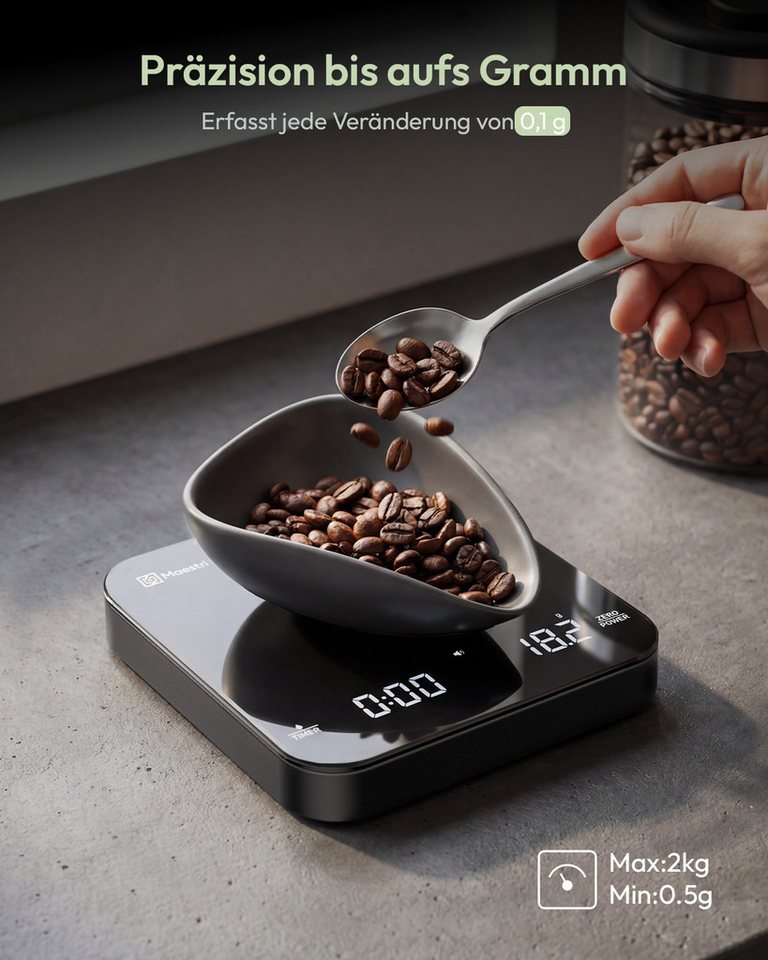 Maestri House Küchenwaage Kaffeewaage mit Timer, Espressowaage 0,1 g / 2 kg, (für Siebträger, Espresso und Pour Over, USB-C wiederaufladbar), Mini Baristawaage mit Auto-Timer & Tara Bild 2