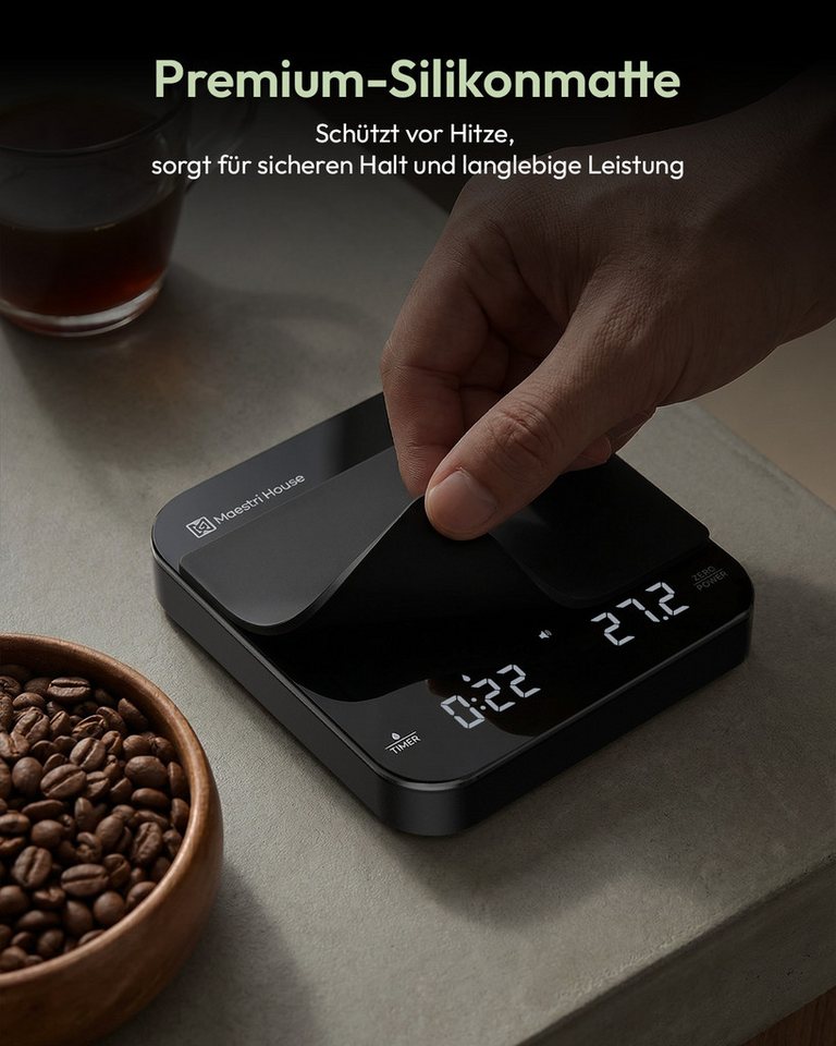 Maestri House Küchenwaage Kaffeewaage mit Timer, Espressowaage 0,1 g / 2 kg, (für Siebträger, Espresso und Pour Over, USB-C wiederaufladbar), Mini Baristawaage mit Auto-Timer & Tara Bild 3