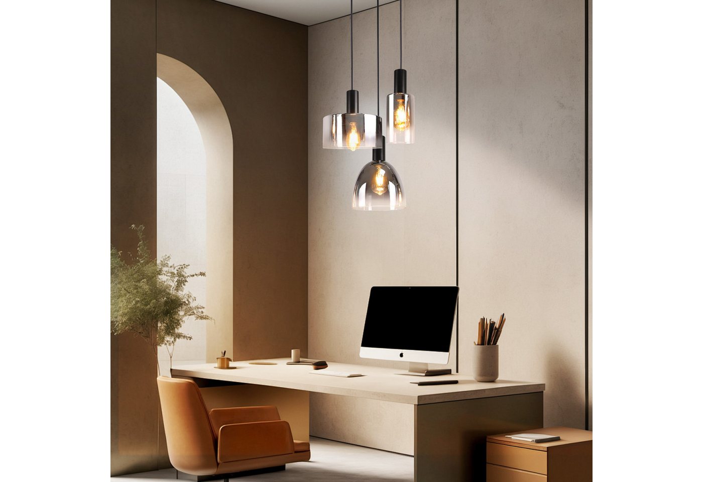 ZMH Pendelleuchte 3/4-flammig,Rauchglas Hängeleuchte,E27 Vintage Glaslampe, höhenverstellbar, ohne Leuchtmittel, für Esstisch und Wohnzimmer Bild 2
