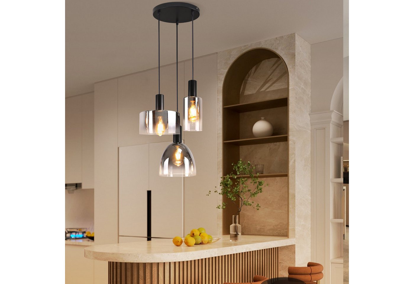 ZMH Pendelleuchte 3/4-flammig,Rauchglas Hängeleuchte,E27 Vintage Glaslampe, höhenverstellbar, ohne Leuchtmittel, für Esstisch und Wohnzimmer Bild 3