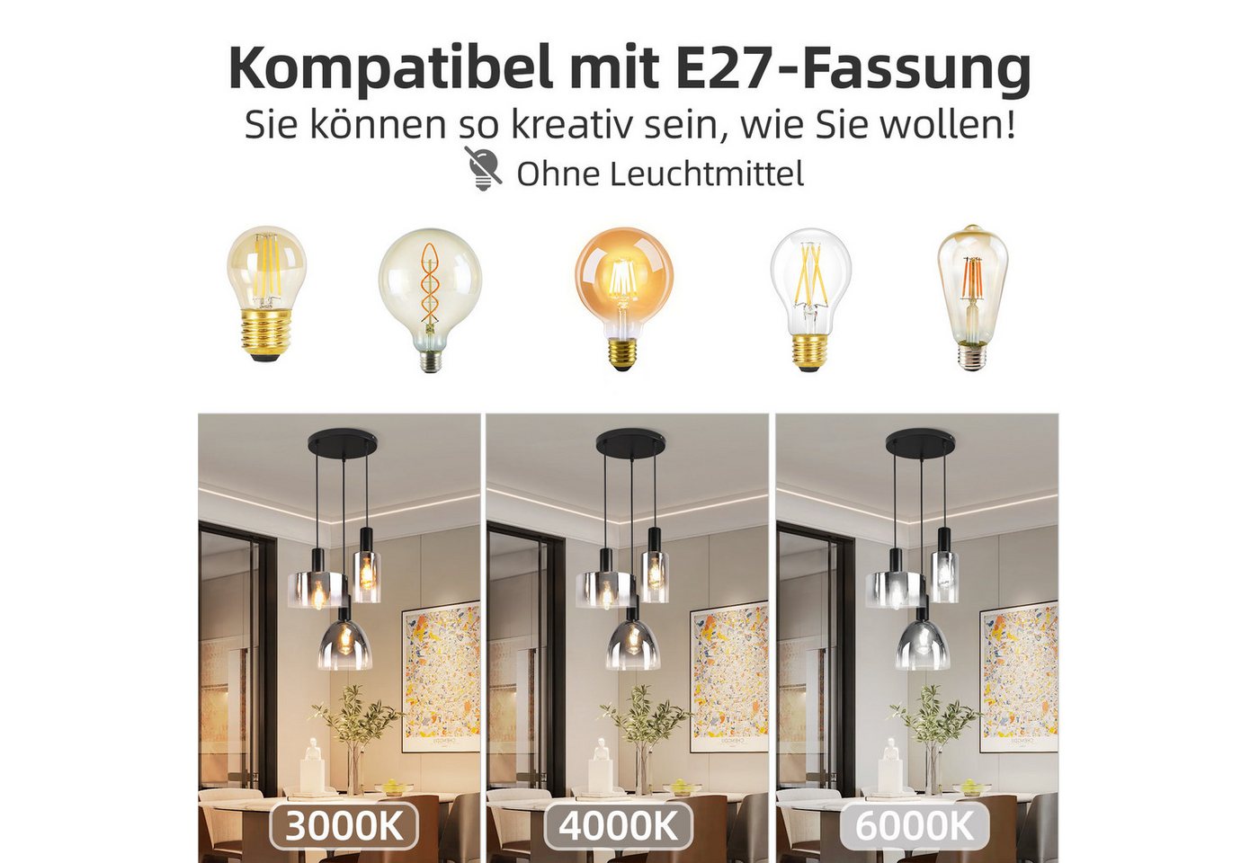 ZMH Pendelleuchte 3/4-flammig,Rauchglas Hängeleuchte,E27 Vintage Glaslampe, höhenverstellbar, ohne Leuchtmittel, für Esstisch und Wohnzimmer Bild 4