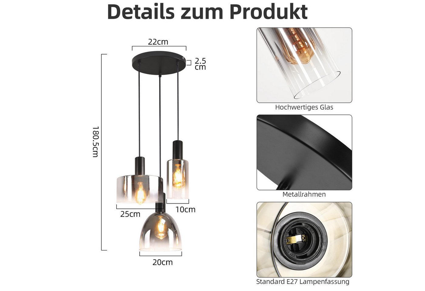 ZMH Pendelleuchte 3/4-flammig,Rauchglas Hängeleuchte,E27 Vintage Glaslampe, höhenverstellbar, ohne Leuchtmittel, für Esstisch und Wohnzimmer Bild 5