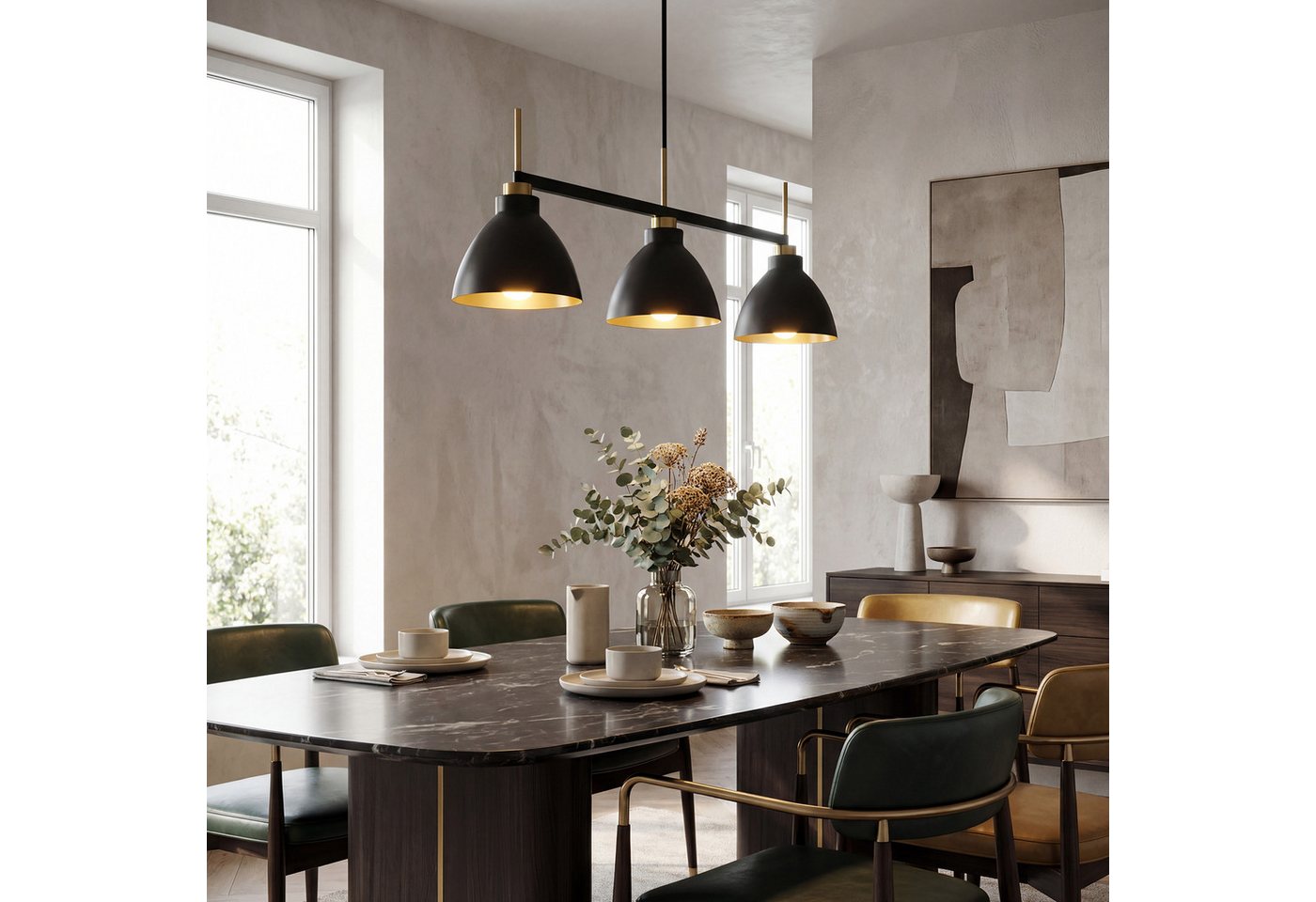 Tribesigns Hängeleuchte Pendelleuchte mit 3 Lampen, Deckenlampe mit verstellbaren Stangen, industrielle Schwarz-Goldene für Esszimmer, Küche und Wohnzimmer Bild 2