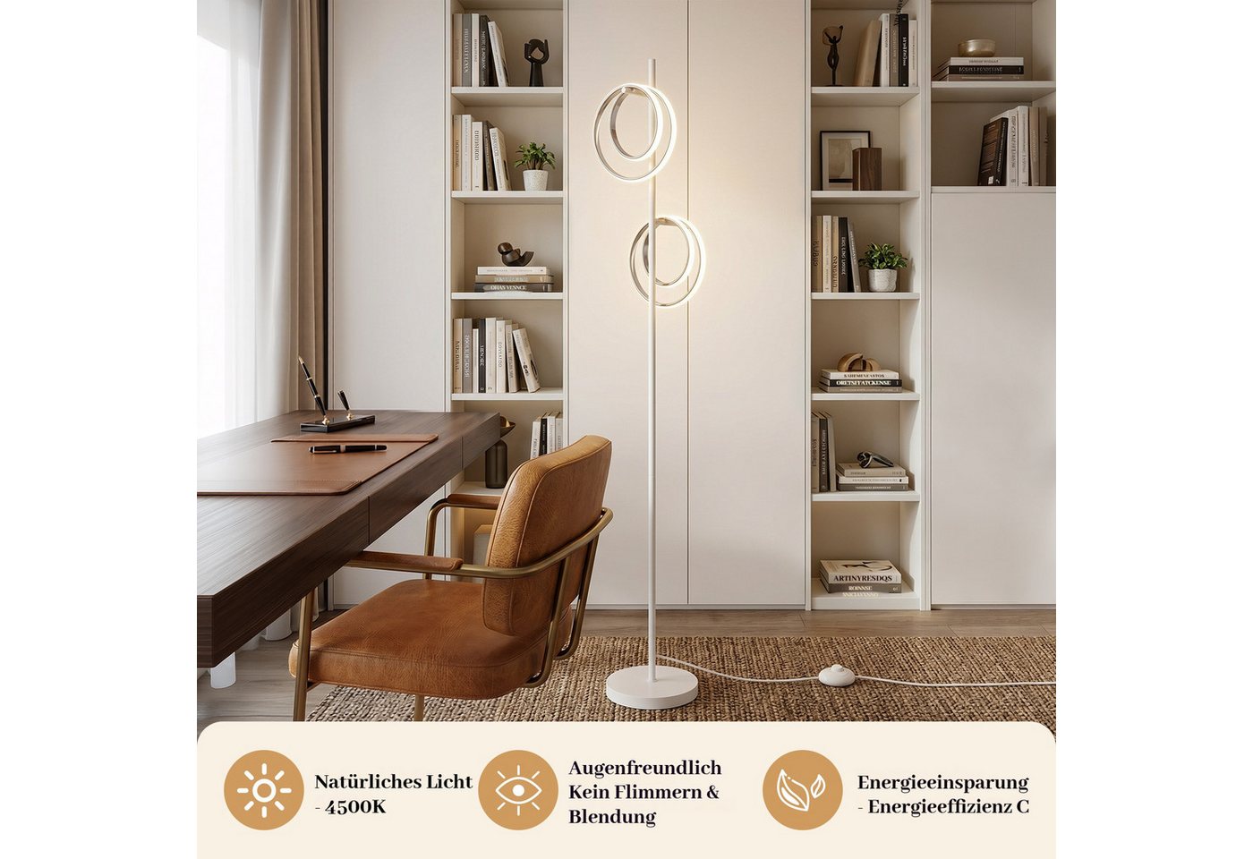 BlingBin Stehlampe LED Doppelring Standleuchte 21W, 4500K, LED Lampe 2500lm, LED fest integriert, Naturweiß, Wohnzimmerlampe mit Schalter für Schlafzimmer, Büro, Küche& Flur