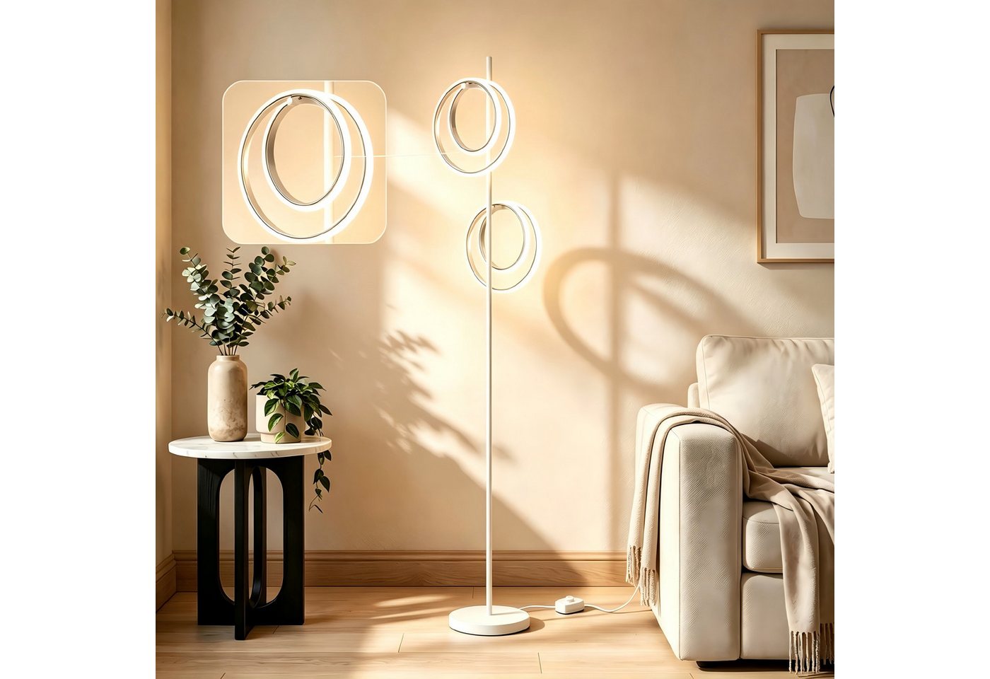 BlingBin Stehlampe LED Doppelring Standleuchte 21W, 4500K, LED Lampe 2500lm, LED fest integriert, Naturweiß, Wohnzimmerlampe mit Schalter für Schlafzimmer, Büro, Küche& Flur Bild 4