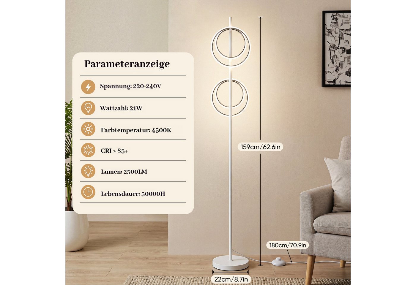 BlingBin Stehlampe LED Doppelring Standleuchte 21W, 4500K, LED Lampe 2500lm, LED fest integriert, Naturweiß, Wohnzimmerlampe mit Schalter für Schlafzimmer, Büro, Küche& Flur Bild 5