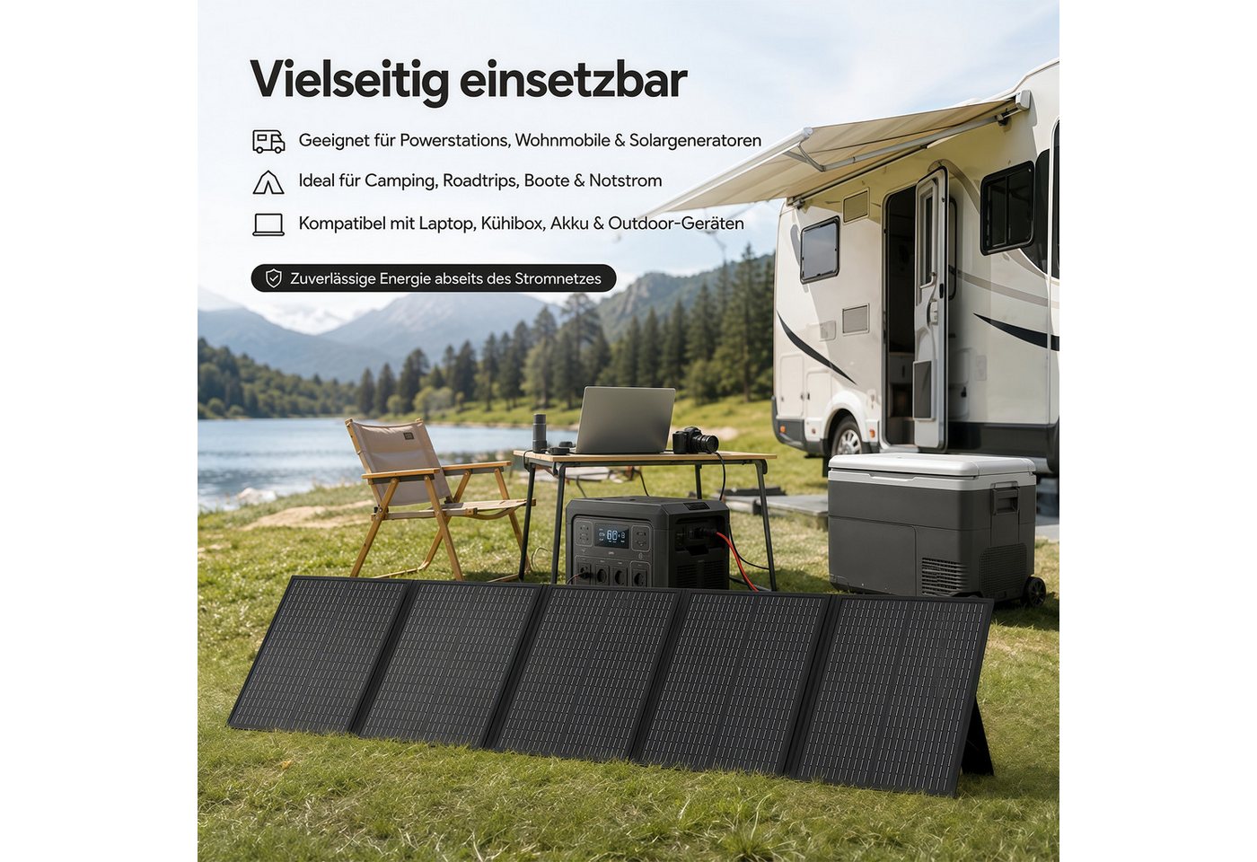 Rhein Beleuchtung Solarmodul 300W Faltbares Solarpanel 36V mit 4-in-1 Kabel für Powerstation, 300 W, Monokristallines Silizium, (Set, 1-St., MC4 XT60 Anderson DC5521 für Camping Wohnmobil Offgrid), Monokristallin, wasserdicht, tragbar & 5-fach faltbar