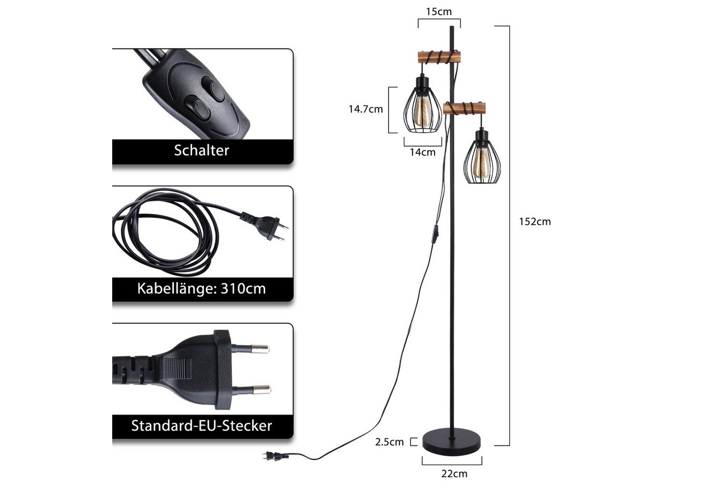 ZMH Stehlampe aus Holz und Metall, E27-Stehleuchte im Retro- und Industrial-Design, Vintage-Standleuchte mit Metall-Käfigschirm, ohne Leuchtmittel, Bodenlampe für Wohnzimmer und Schlafzimmer