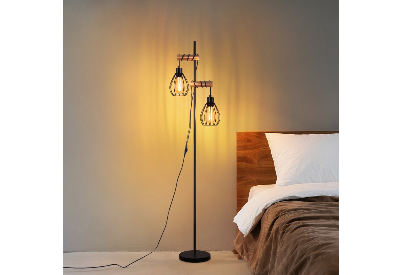 ZMH Stehlampe aus Holz und Metall, E27-Stehleuchte im Retro- und Industrial-Design, Vintage-Standleuchte mit Metall-Käfigschirm, ohne Leuchtmittel, Bodenlampe für Wohnzimmer und Schlafzimmer Bild 3