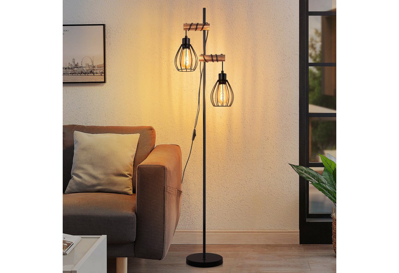 ZMH Stehlampe aus Holz und Metall, E27-Stehleuchte im Retro- und Industrial-Design, Vintage-Standleuchte mit Metall-Käfigschirm, ohne Leuchtmittel, Bodenlampe für Wohnzimmer und Schlafzimmer Bild 4