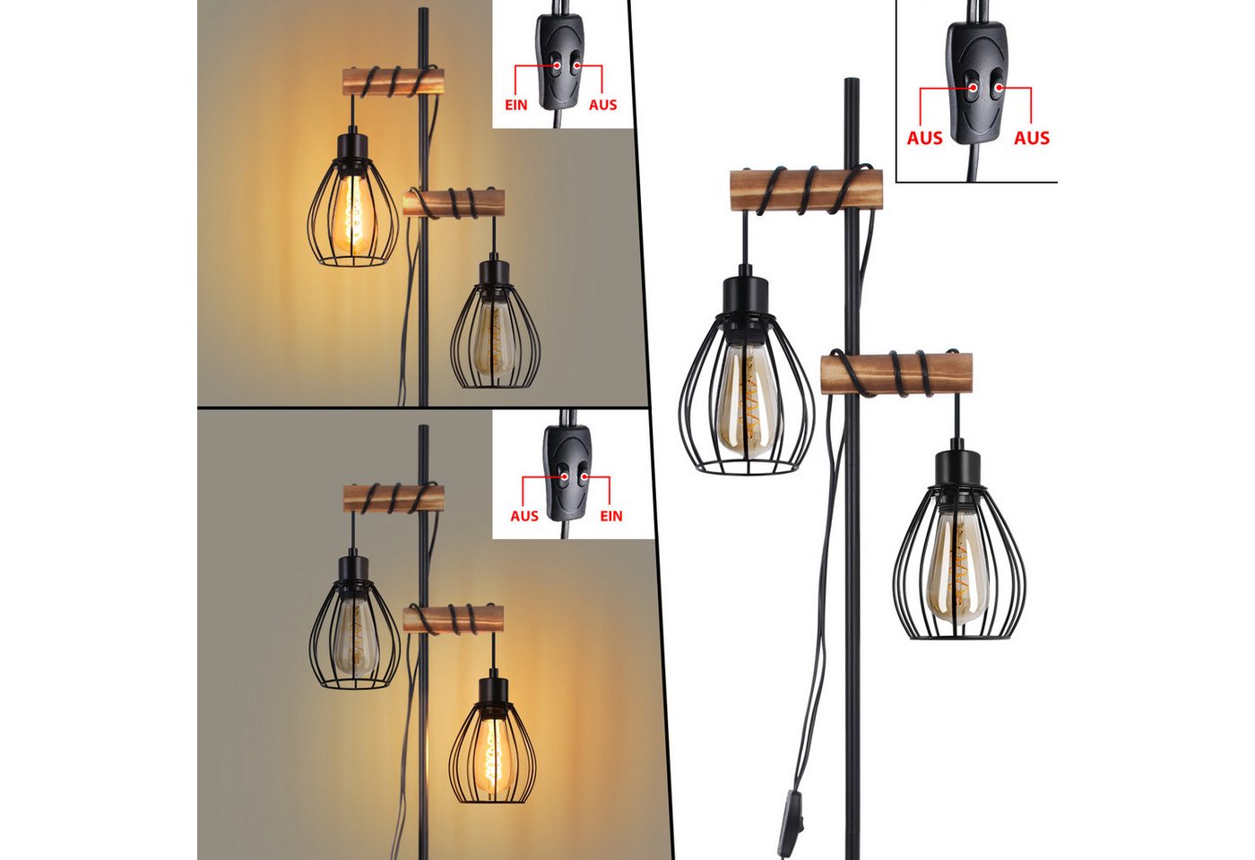 ZMH Stehlampe aus Holz und Metall, E27-Stehleuchte im Retro- und Industrial-Design, Vintage-Standleuchte mit Metall-Käfigschirm, ohne Leuchtmittel, Bodenlampe für Wohnzimmer und Schlafzimmer Bild 5
