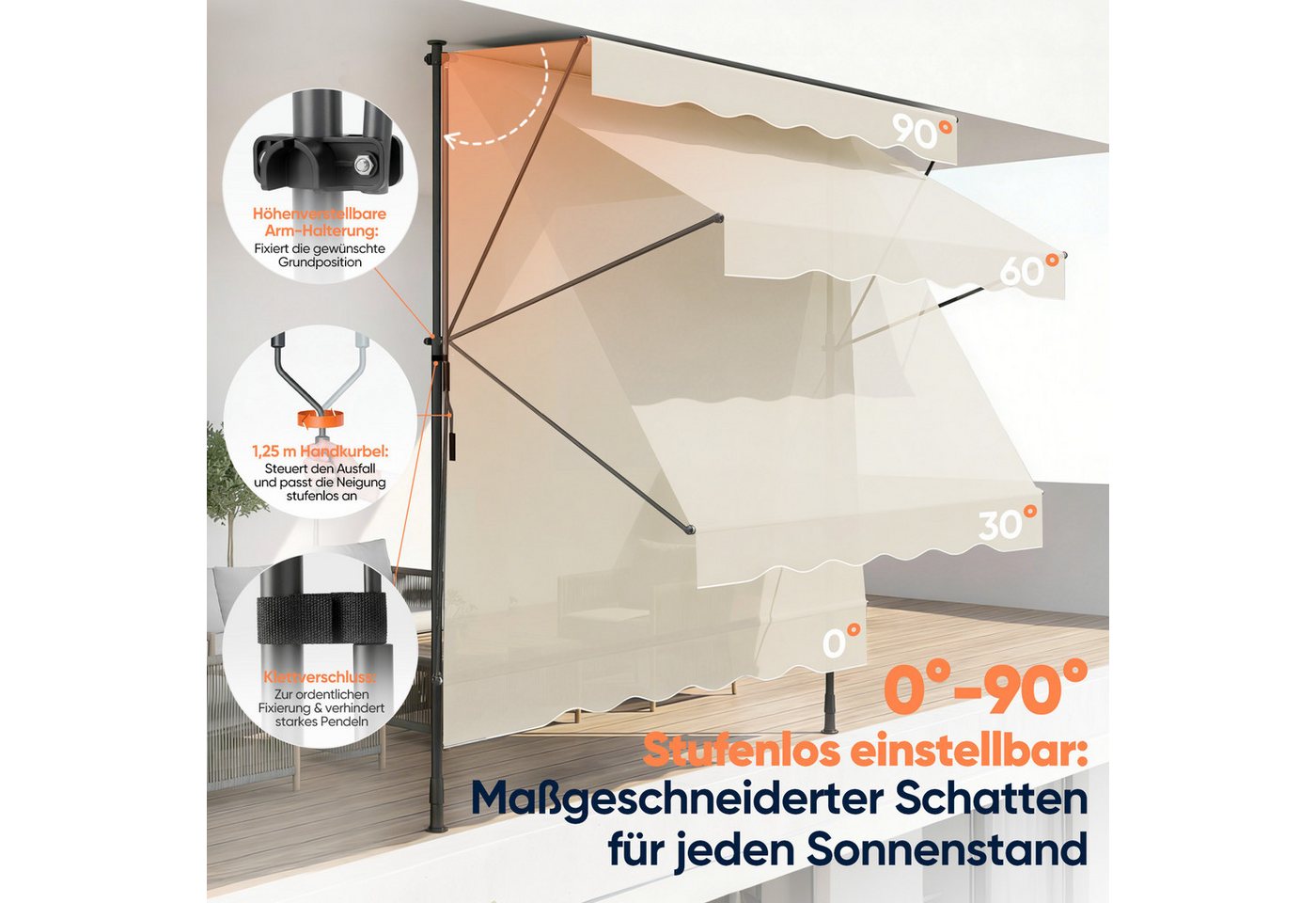 Sekey Klemmmarkise Markise für balkon mit Kurbel Sonnenschutz ohne Bohren UV-beständig Bild 2