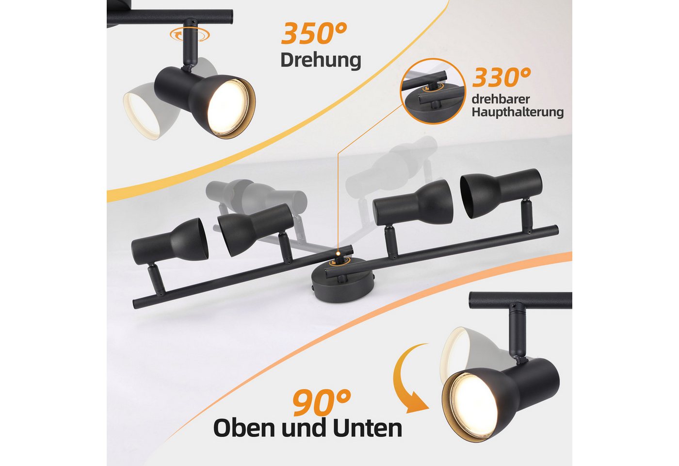 ZMH Deckenstrahler 4 Flammig GU10 Deckenleuchte Modern Design Metall Wohnzimmer Flur, Einfache Installtion, ohne Leuchtmittel, Innen 350° Schwenkbar Schwarz Spots für Schlafzimmer