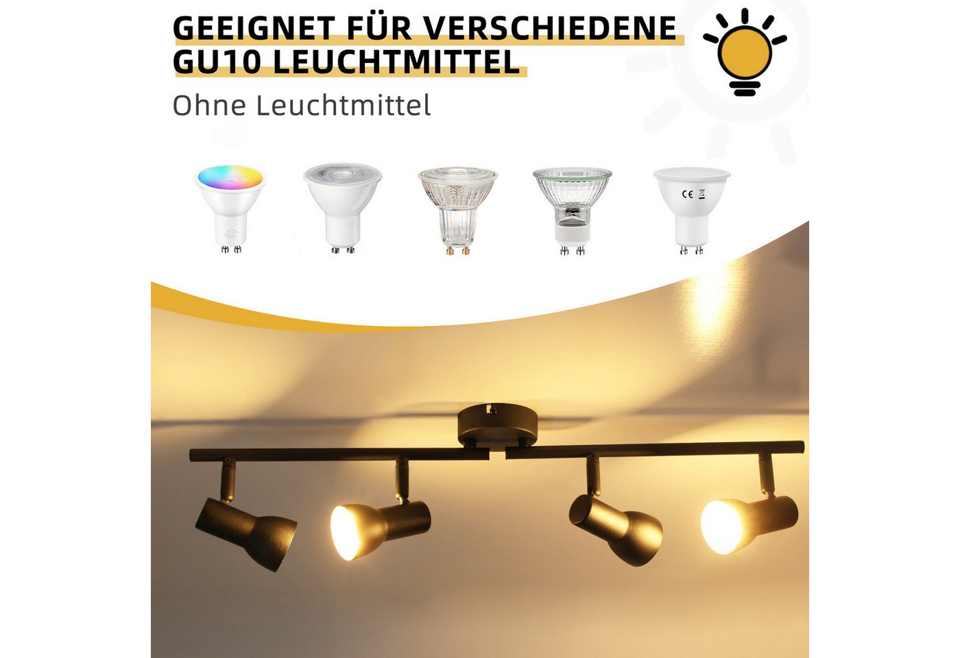 ZMH Deckenstrahler 4 Flammig GU10 Deckenleuchte Modern Design Metall Wohnzimmer Flur, Einfache Installtion, ohne Leuchtmittel, Innen 350° Schwenkbar Schwarz Spots für Schlafzimmer Bild 3