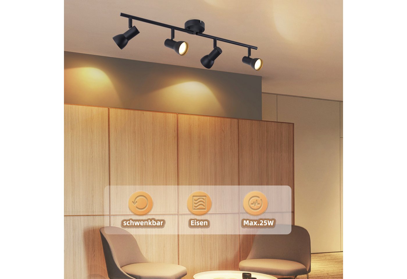 ZMH Deckenstrahler 4 Flammig GU10 Deckenleuchte Modern Design Metall Wohnzimmer Flur, Einfache Installtion, ohne Leuchtmittel, Innen 350° Schwenkbar Schwarz Spots für Schlafzimmer Bild 4