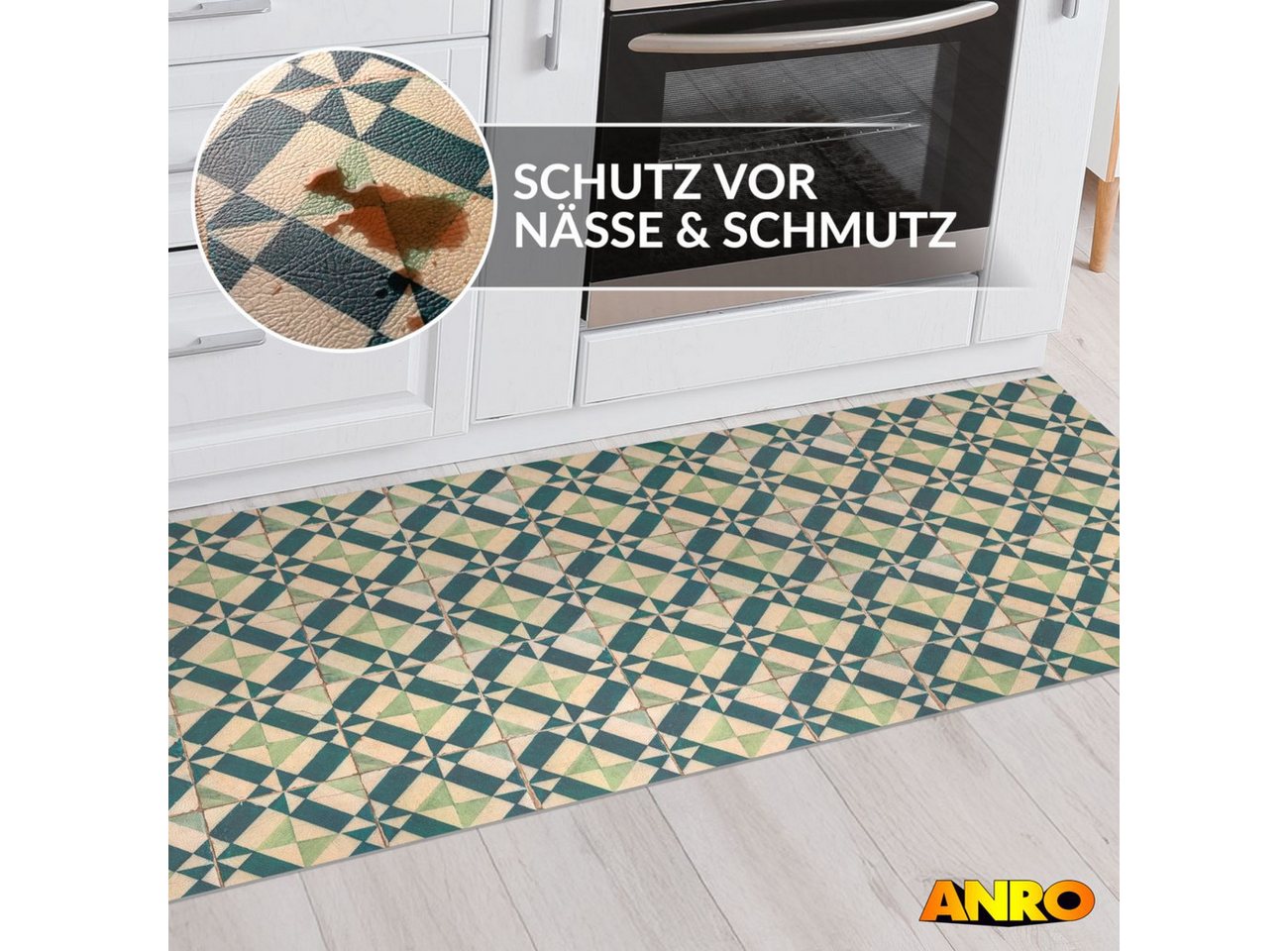 ANRO Küchenläufer abwaschbar Azulejo LADY Läufer pflegeleicht Küchenteppich, Rechteckig, Höhe: 3 mm, robust schmutzabweisend 67x100cm Rustikal Grün robust